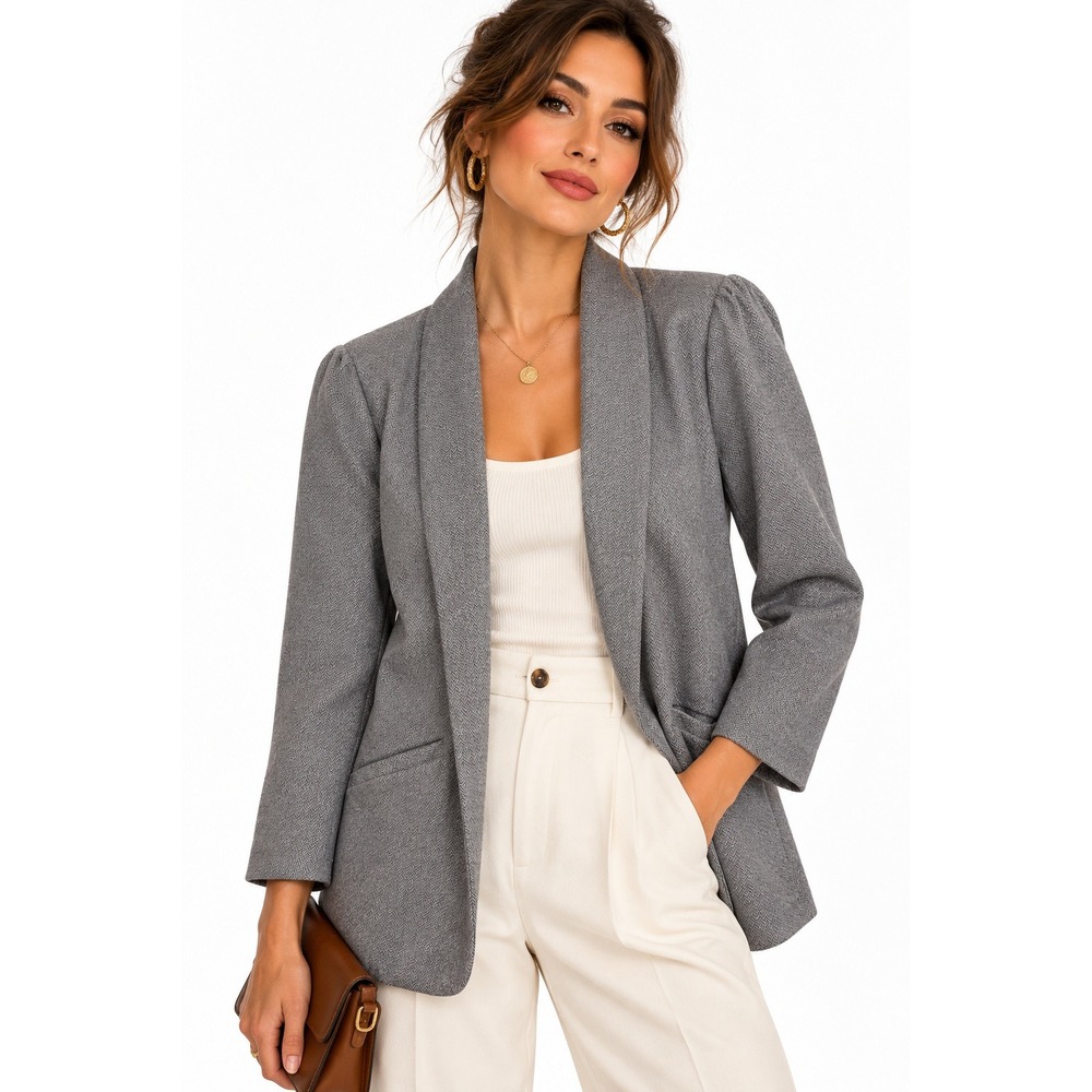 Skies are Blue Nidi Knit Open Front Blazer Womens L Grey Herringbone NWT